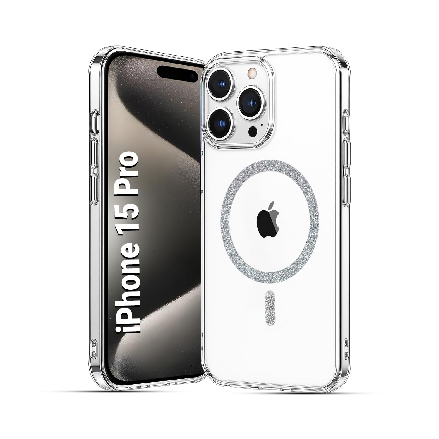 AIBEX Back Cover Case Compatible with iPhone 15 Pro | Glitter Ring Cute Shiny Colorful Bling Case (Compatible with Magsafe) | Transparent PC+TPU Glossy Shiny Cover for Girls & Women – Silver