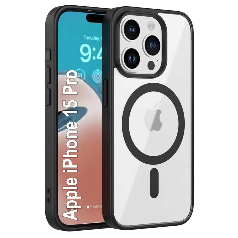 AIBEX Clear Mag-Saf Case for iPhone 15 Pro – 1,500 G Strong Magnetic Lock, Crystal-Clear Anti-Yellowing Back | Military-Grade Drop Protection | Camera Guard, Slim & Lightweight – Black
