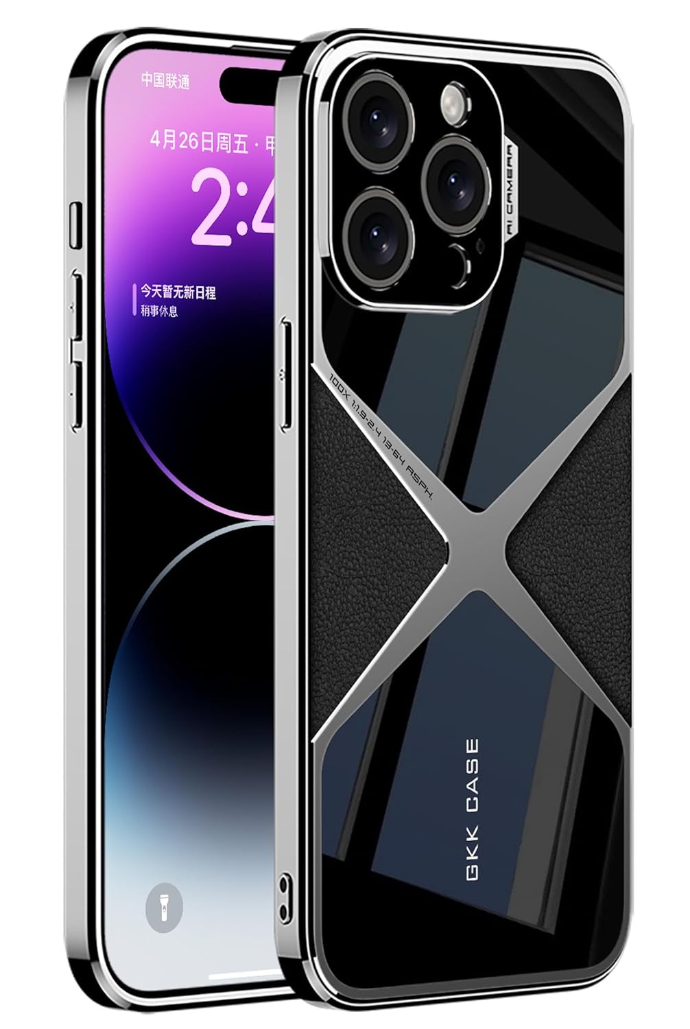 BOUNCEBACK Glass & Vegan Leather Electroplated Back Case Cover for iPhone 15 Pro – Black