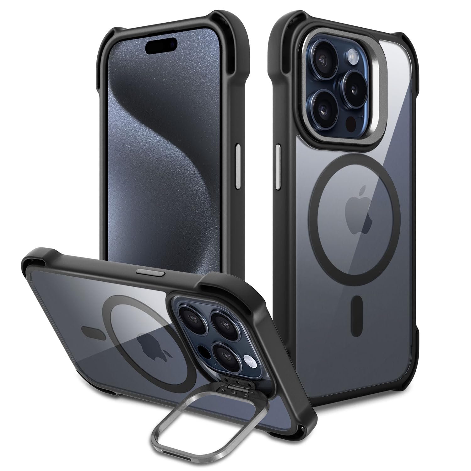 Bungee Shockproof Crystal Clear Back Cover Case for iPhone 15 Pro | Bounce Corners | MagSafe Military-Grade Protection | Scratch-Resistant | Camera Kickstand Design