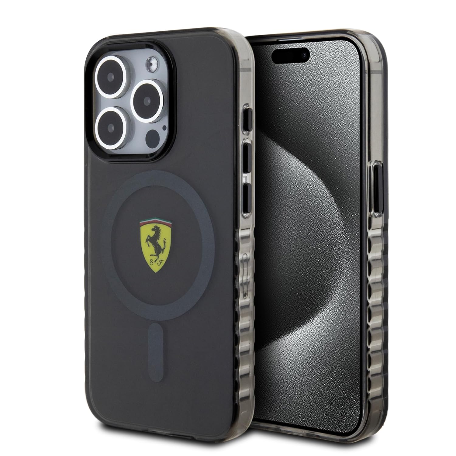 CG MOBILE Ferrari Phone Case [Official Licensed] Mag-Safe Compatible | IML Case with Centered Logo Protective Case/Cover Compatible with iPhone 15 Pro (6.1-Inch) 2023 – Smoke/Black