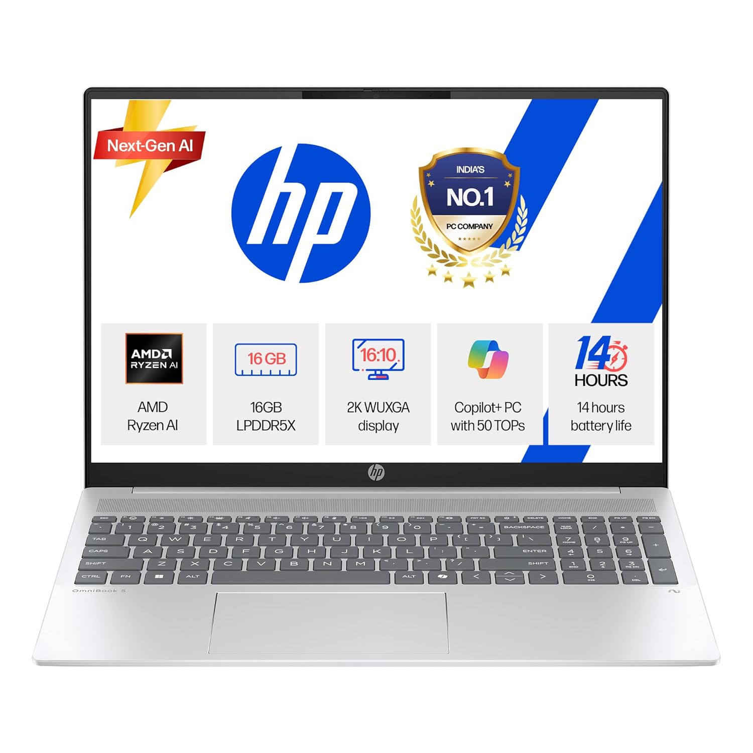 HP Smartchoice OmniBook 5 (Previously Pavilion) 50 TOPS, AMD Ryzen AI 7 350 (16GB LPDDR5X, 512GB SSD) WUXGA 2K, Touch, 16”/40.6cm, Win11,Office24, Silver, 1.8kg, ag1048au, Next-Gen AI Copilot+ Laptop