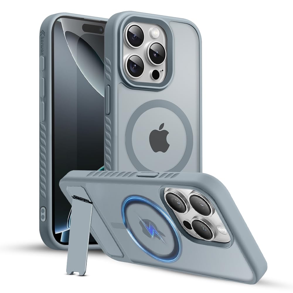 KARWAN®️Ultra Hybrid Matte Back Cover Case Compatible with Stand Magnetic for iPhone 15 Pro Max | Mag-Safe Wireless Charging | Camera Bump Protection -(Grey)