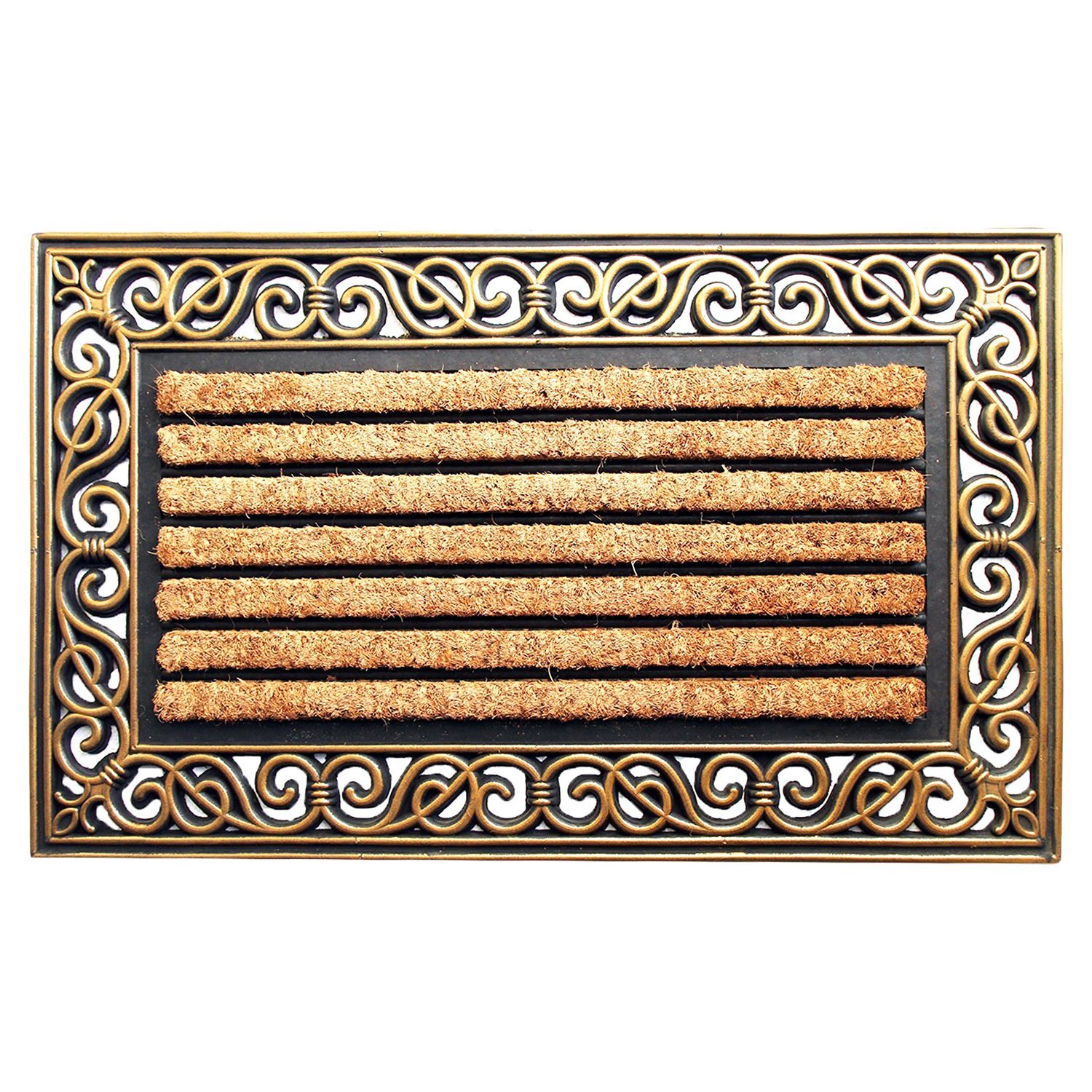 Onlymat Striped Natural Coir Rubber & Beige Doormat with Decorative Designed Border Long-Lasting, Heavy Duty, Large & Thick Entryway Rug for Indoor & Covered Door Entrances (75cm x 45cm, Rectangular)