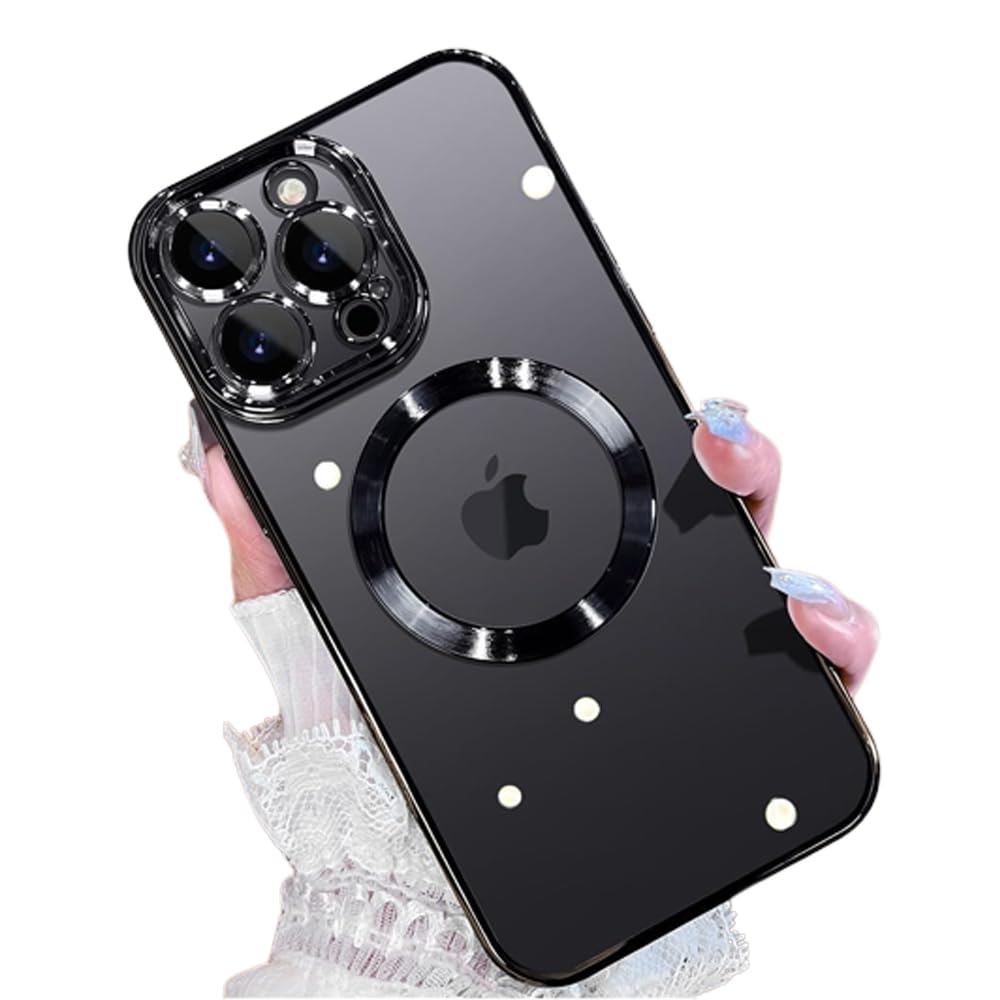Vonzee Thermoplastic Polyurethane Electroplating Transparent Logo Cover For Iphone 15 Pro Max Case 6.7 Inch,For Magsafe,Full Body & Individual Camera Protection For Each Lens For Men & Women (Black)