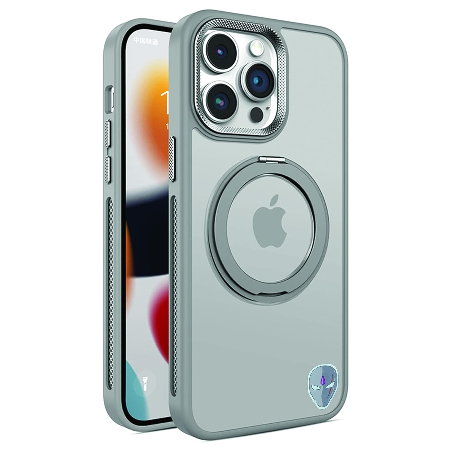 ALIEN GEAR Shockproof Matte Translucent Back Cover for iPhone 15 Pro | 360° Rotating Ring Holder | Military Grade Drop Protection | Slim Fit Case with Raised Camera Edge (Gray)