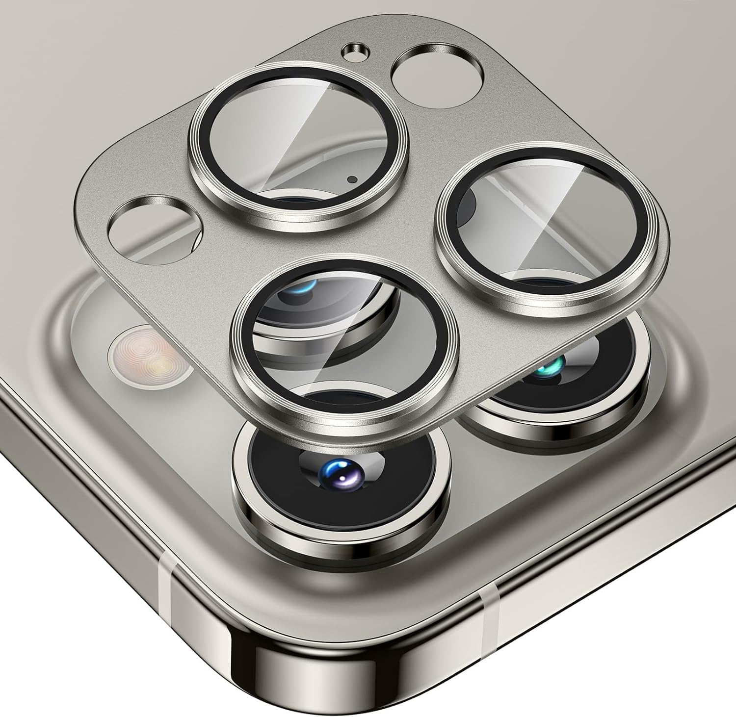 Camera Lens Protector Compatible With iPhone 15 Pro and iPhone 15 Pro Max � Full Coverage 9H Tempered Glass with Metal Plate, HD Clear, Joint Camera Ring Protector – Titanium Grey