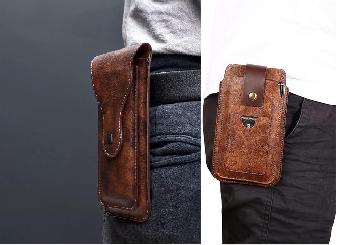 HARITECH Double Mobile Belt Pouch Space for 2 Mobile 6.5 & 5.5 inch with Card Slot for iPhone 15 Pro Max / 14 Pro Max / 13 Pro Max / 12 Pro Max – Brown