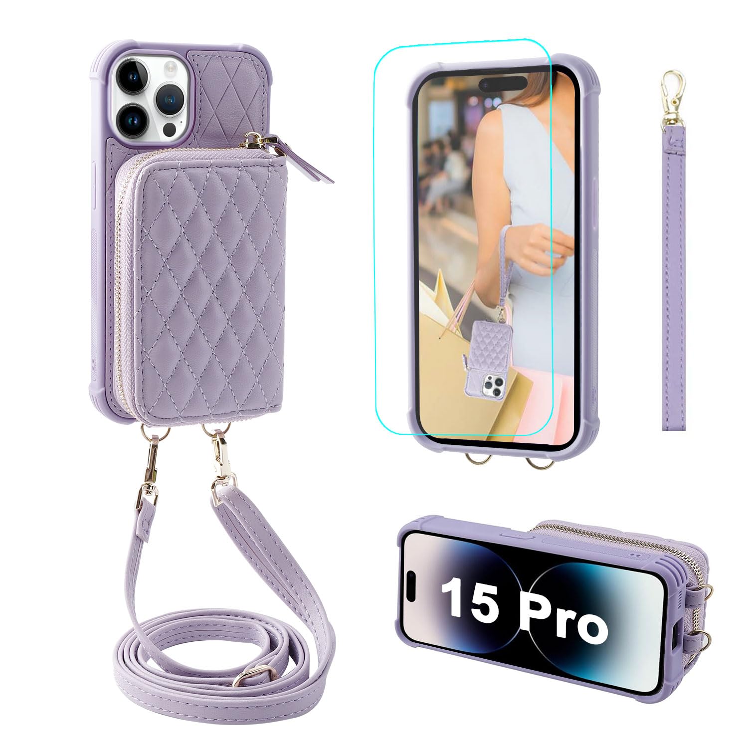 MONASAY Fit for iPhone 15-Pro PU Leather Zipper Wallet Case for Women,[Glass Screen Protector][RFID Blocking] Handbag Phone Cover with Card Holder and Crossbody Lanyard Strap, Light Purple