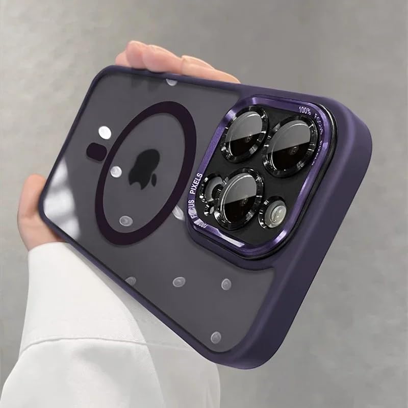 Magnetic Clear Shockproof Case for iPhone 15 Pro | Mag-Safe Compatible | Transparent Hard Back Cover with Full Camera Protection | Anti-Yellowing – Purple