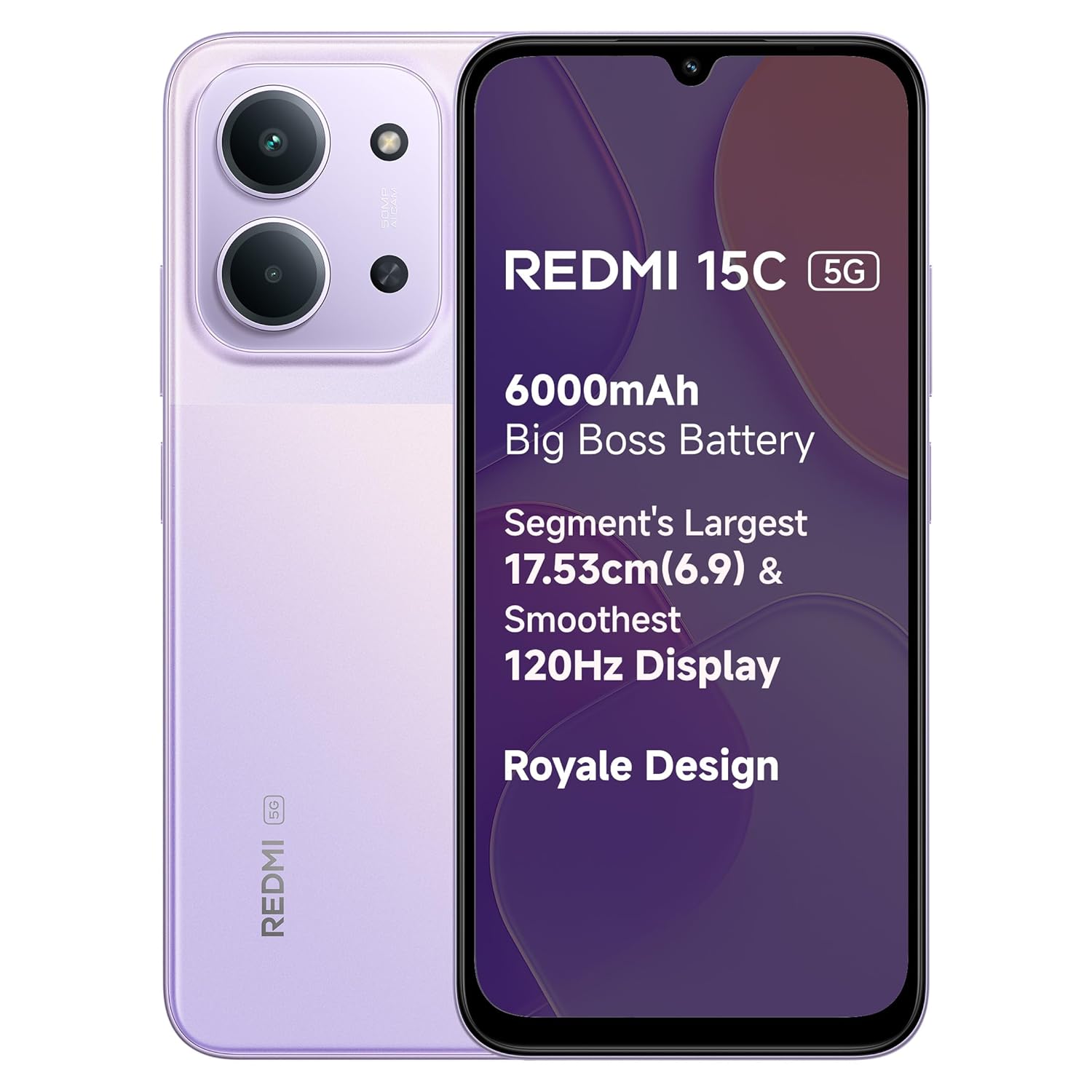 REDMI 15C 5G Dusk Purple 4GB + 128GB | Royale Design | Massive 6000mAh Battery | Segment’s Largest 17.53cm Display Up to 120Hz | MediaTek Dimensity 6300 | 33W Fast Charging | 50MP AI Dual Camera