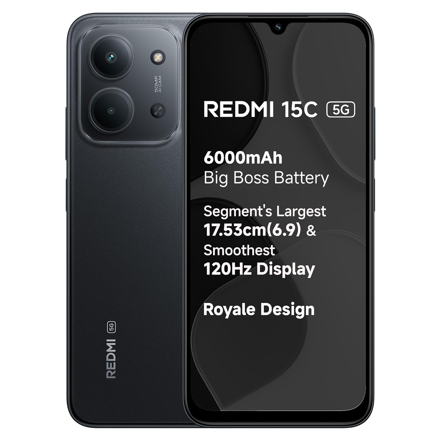 REDMI 15C 5G Midnight Black 4GB + 128GB | Royale Design | Massive 6000mAh Battery | Segment’s Largest 17.53cm Display Up to 120Hz | MediaTek Dimensity 6300 | 33W Fast Charging | 50MP AI Dual Camera