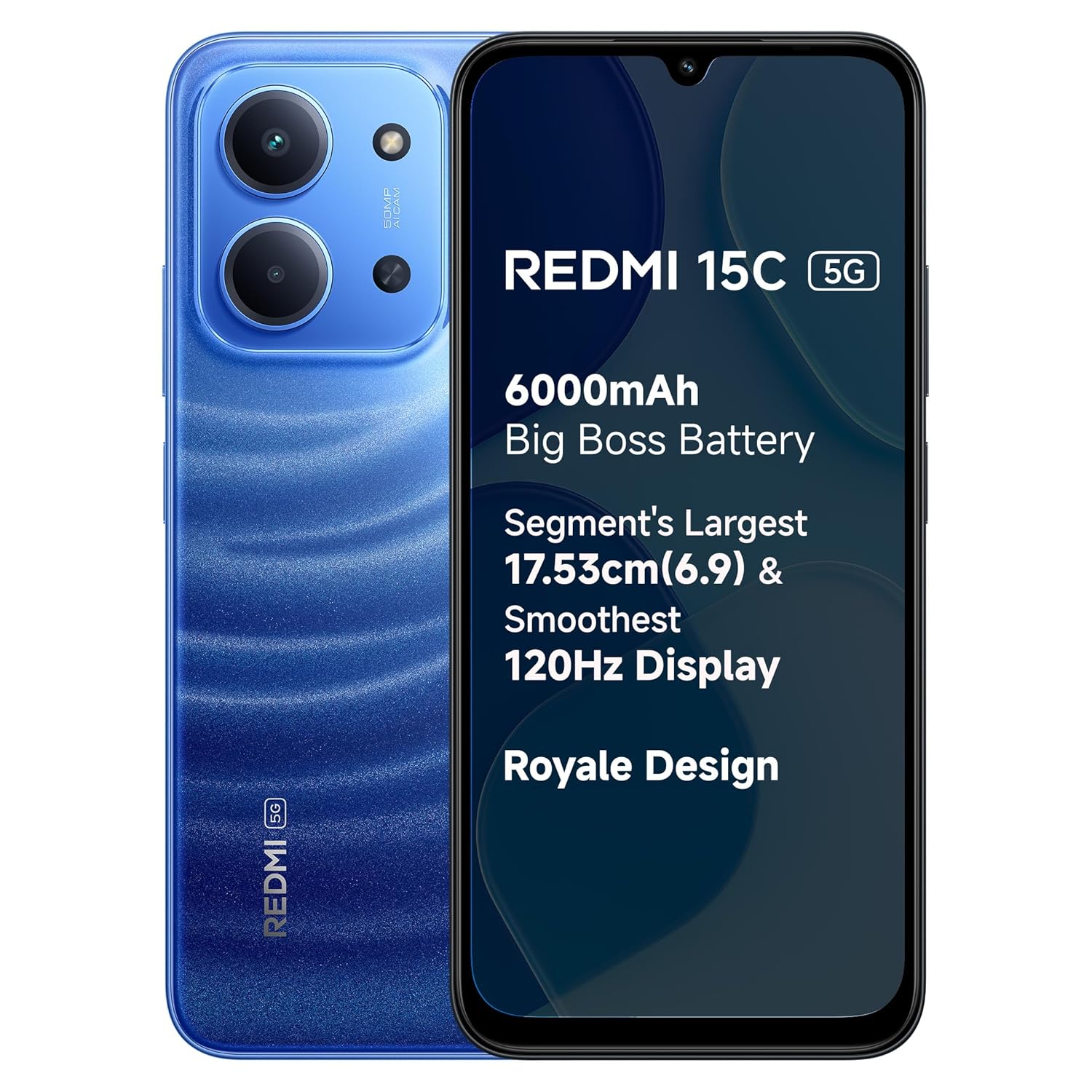 REDMI 15C 5G Moonlight Blue 4GB + 128GB | Royale Design | Massive 6000mAh Battery | Segment’s Largest Display 17.53cm Up to 120Hz | MediaTek Dimensity 6300 | 33W Fast Charging | 50MP AI Dual Camera