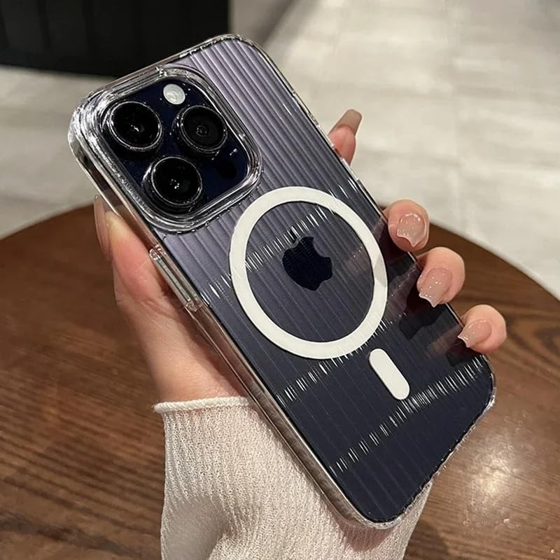 Transparent Stripe Pattern Mag-Safe Case for iPhone 15 Pro Max | Shockproof Slim Clear TPU Cover with Magnetic Ring for Wireless Charging – White