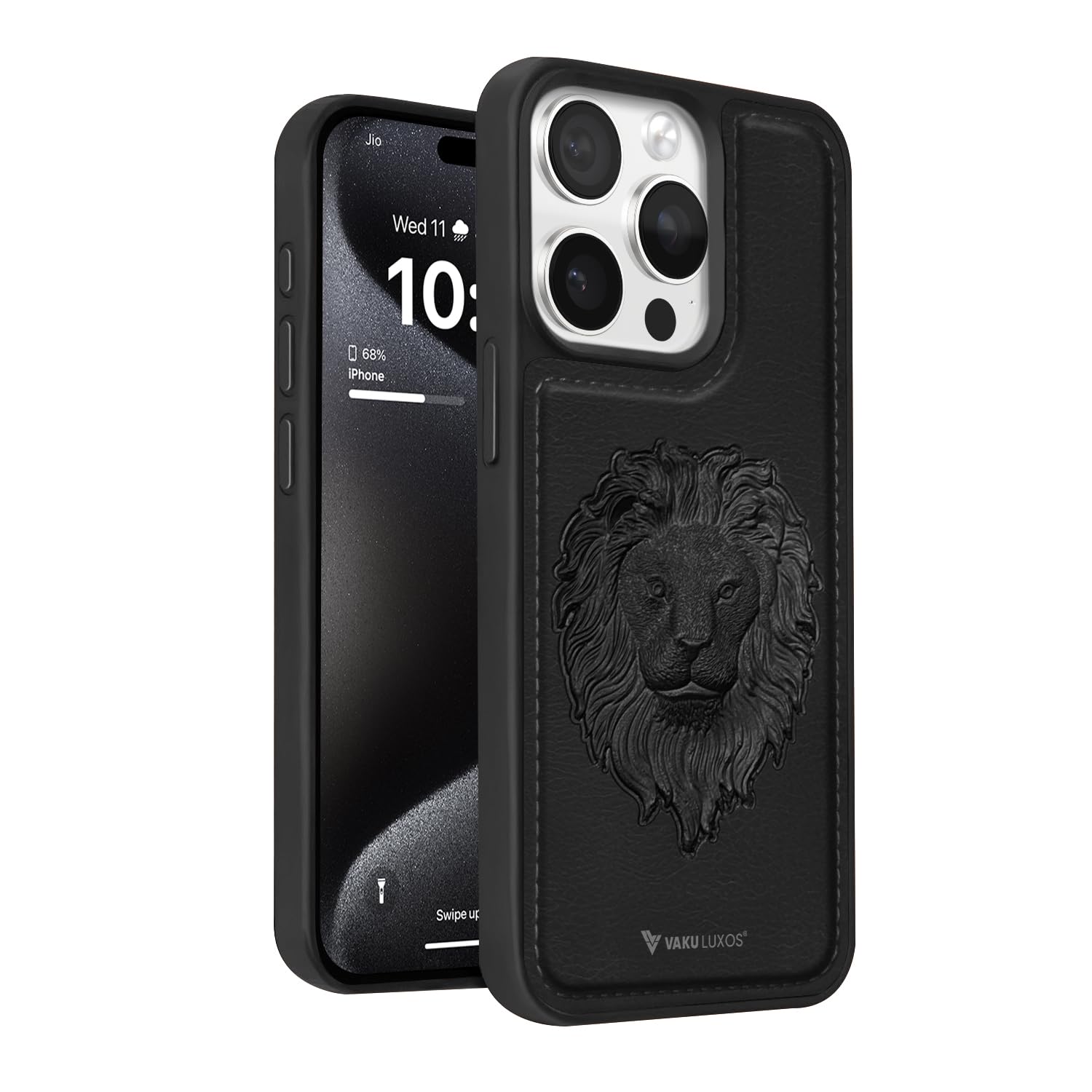 Vaku Luxos® Lion Embossed TPU Back Cover Case for iPhone 15 Pro Max Premium Leather Stitched Design Camera Screen Protector- Black