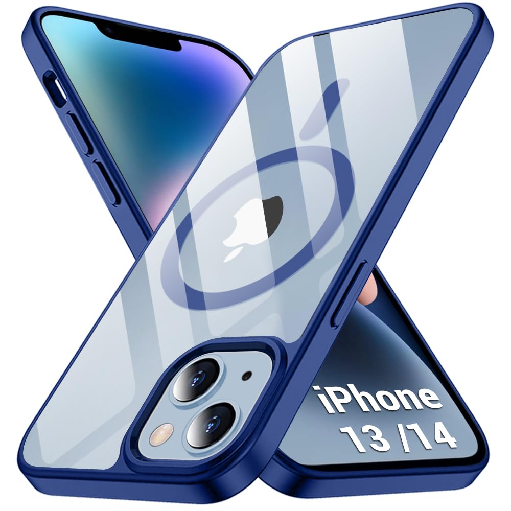 TheGiftKart Ultra-Hybrid Shockproof Back Cover Case for iPhone 13 / iPhone 14 | Camera Protection Bump | Hard Crystal Clear Back Cover Case for iPhone 13/14 (PC & TPU, MagSafe Compatible, Blue Sides)