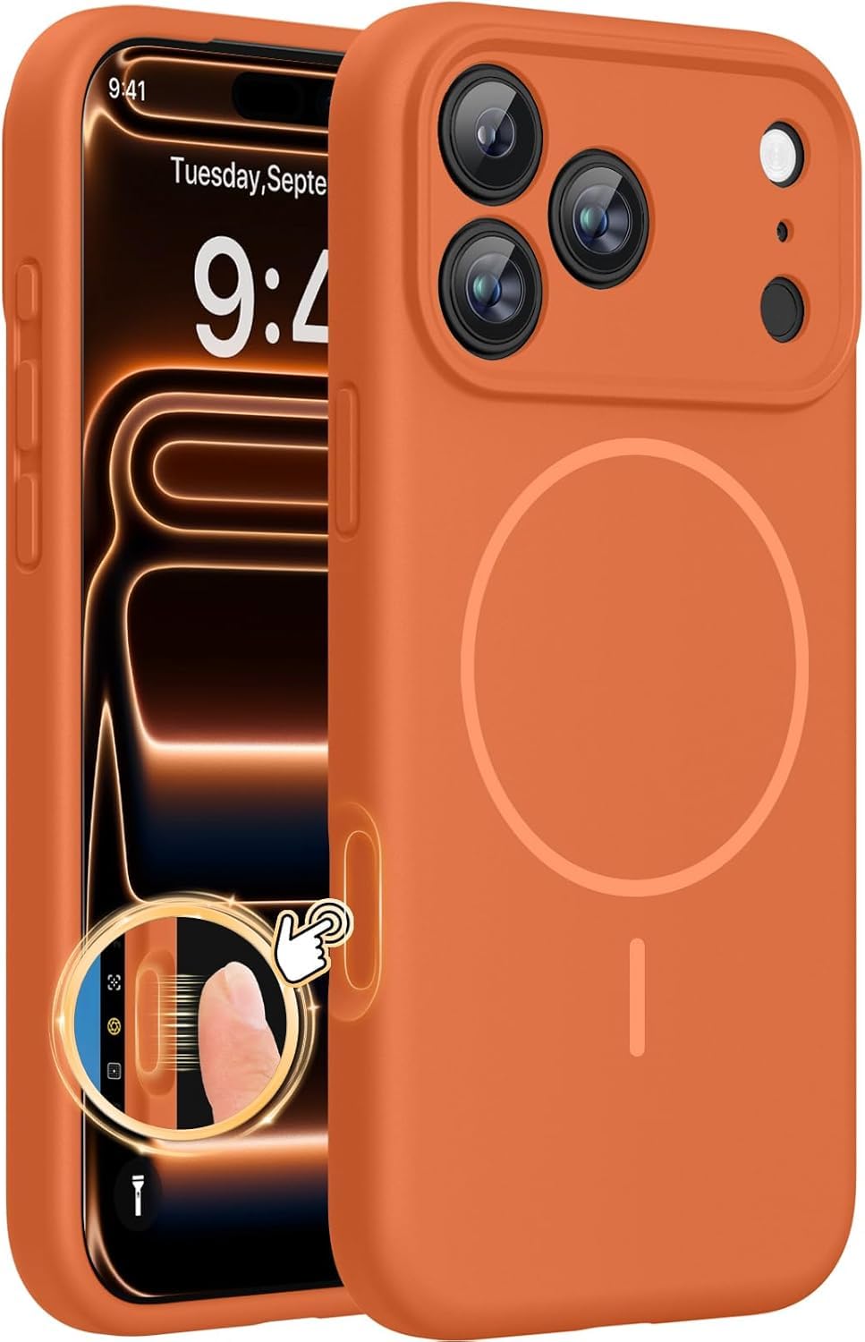 mobistyle Magnetic Silicone Back Case for iPhone 17 Pro 6.3-Inch, Compatible with Mag-Safe, Silky Soft Touch, Shock Absorbing Phone Back Cover with Camera Lens Protection (Orange)