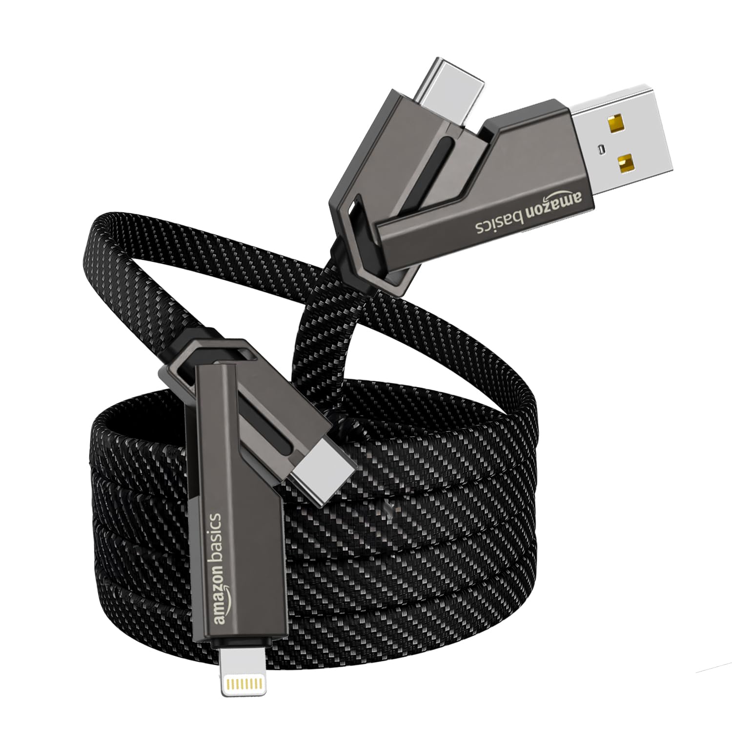 Amazon Basics 4-in-1 Metal Flat Braided Indestructible Cable | 110cm, 60W Fast Charging | Lightning to Type C, Type C to C, Lightning to Type A | Compatible with iPhones, iPads, MacBooks, Type-C Laptops | Grey