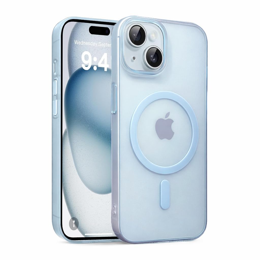 DIZORO® Matte Case for iPhone 15 Compatible with MagSafe, Camera Lens Full Protection, Shockproof Translucent Frosted TPU Soft Phone Cover, Anti-Fingerprint (Sky)