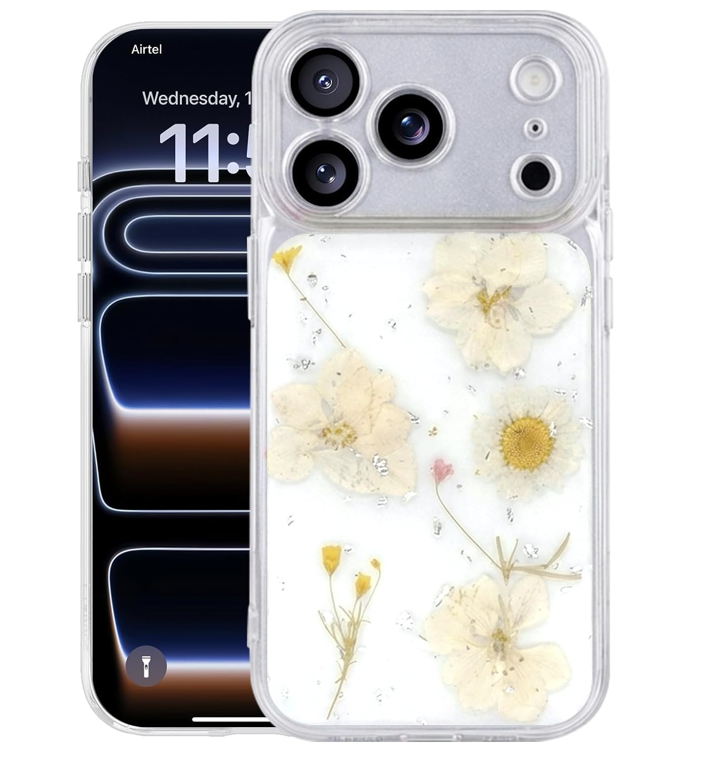 Enflamo iPhone 17 Pro Case for Girls Clear Silicone Glitter Floral Back Cover with Pressed Dry Real Flowers (White)