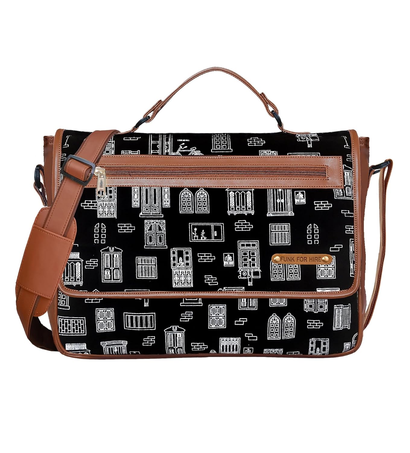 Funk For Hire Printed Black Cotton Canvas and Leatherette Unisex Laptop sling Bag – Fit Up to 15.6 inch screen size laptop Funk For Hire Printed Black Cotton Canvas and Leatherette Unisex Laptop sling Bag – Fit Up to 15.6 inch screen size laptop