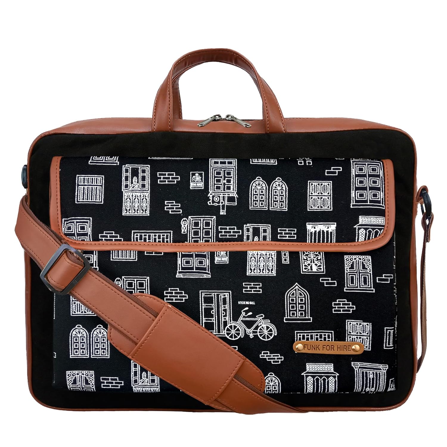 Funk For Hire Printed One Pocket Cotton Canvas Unisex 17 inch Laptop Bag Black