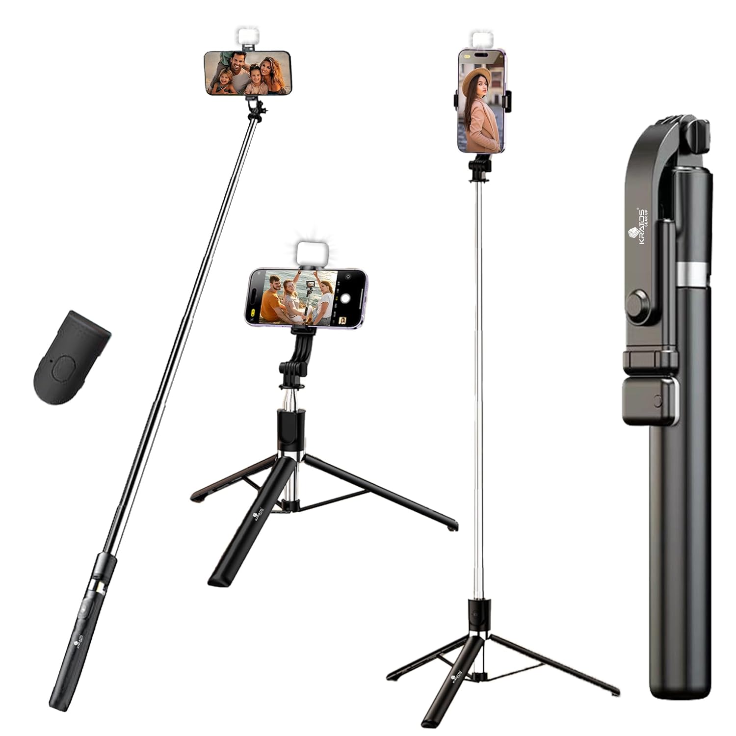 Kratos K9 Selfie Stick Tripod With Light, 67 inch /170CM Reinforced Tripod for Mobile Phone, Multi-Functional Bluetooth Long Selfie Stick for Travel,Vlogging,Compatible with iPhone and All Smartphones