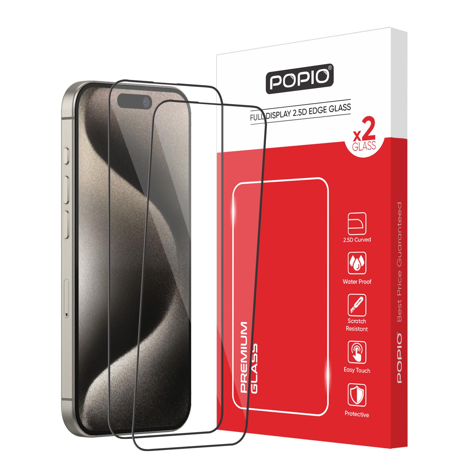 POPIO Xtreme Series Pack of 2 Military-Grade Gorilla Tempered Glass for iPhone 15 Pro (Black) | 9H Hardness, Edge-to-Edge Coverage, Anti-Scratch