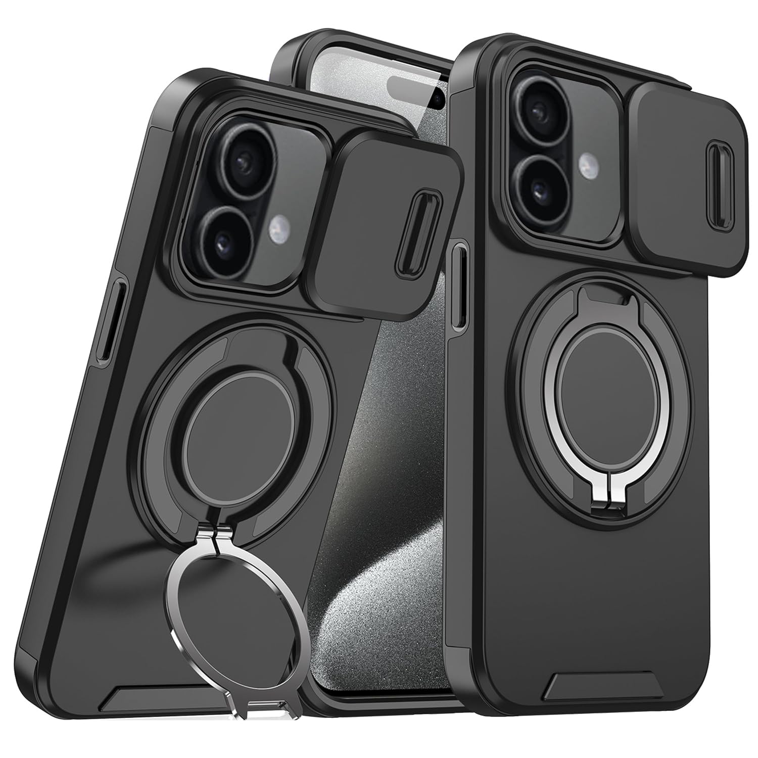 Phone Case Black Cover Compatible with iPhone 16 Protective Cases with Camera Cover Slide for Full Body Drop Protection, Magnetic Charging, Ring Stand Shockproof Military Grade -Black
