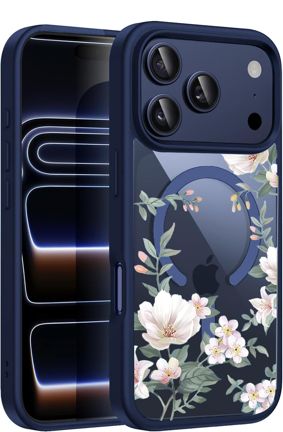 VONZEE Back Cover Case Compatible with iPhone 17 Pro Max, Luxury Retro Flowers Floral Clear for Magnetic Wireless Charging Case Shockproof PC+TPU Cute Glossy Shiny Cover for Girls|6.9”|Navy Blue