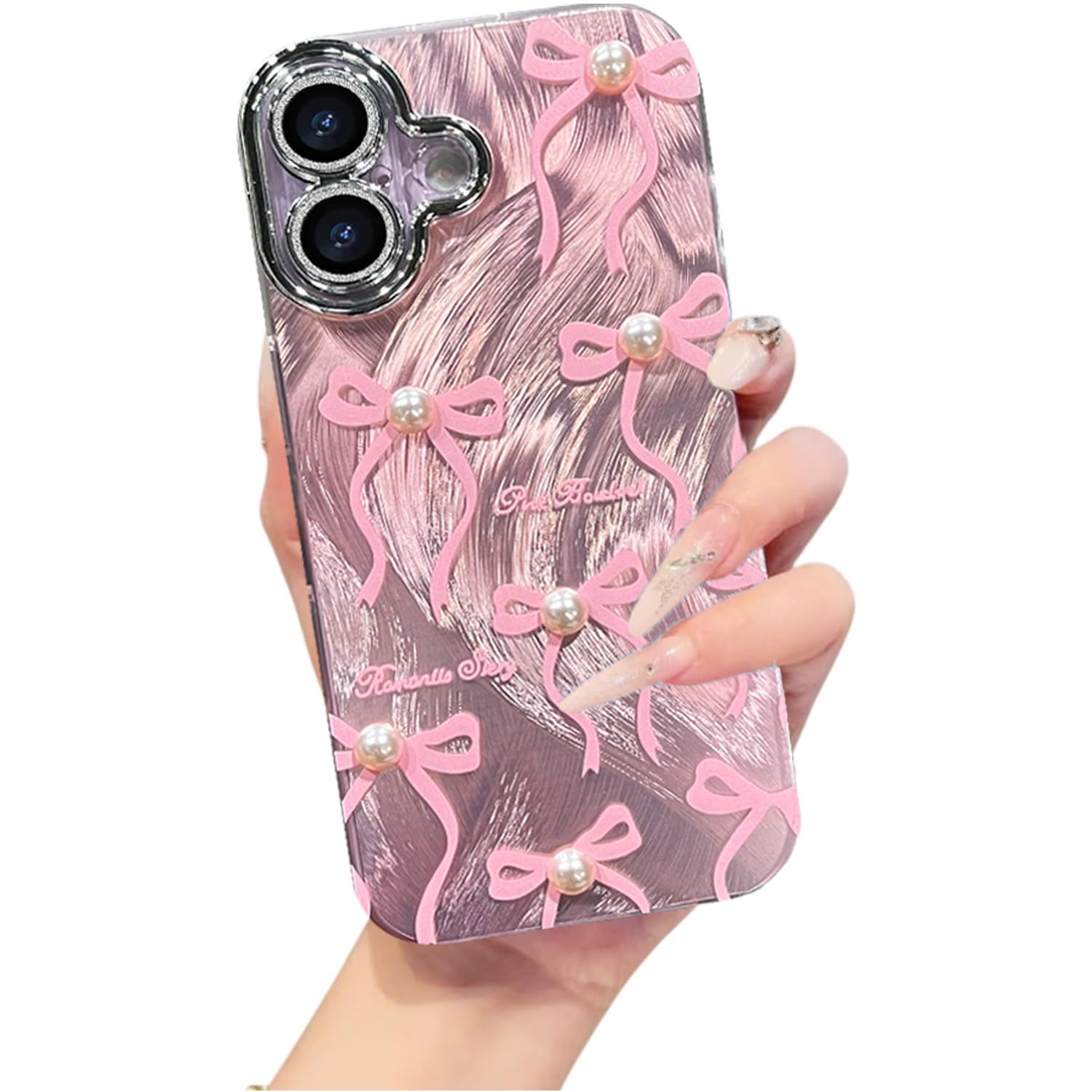 VONZEE Compatible with iPhone 17 6.3” Case Luxury Pink Girly Cute 3D Bow Pearl Glitter Bling Case with Full Camera Protection Shockproof PC+TPU Glossy Shiny Cover for Girls Women, Pink