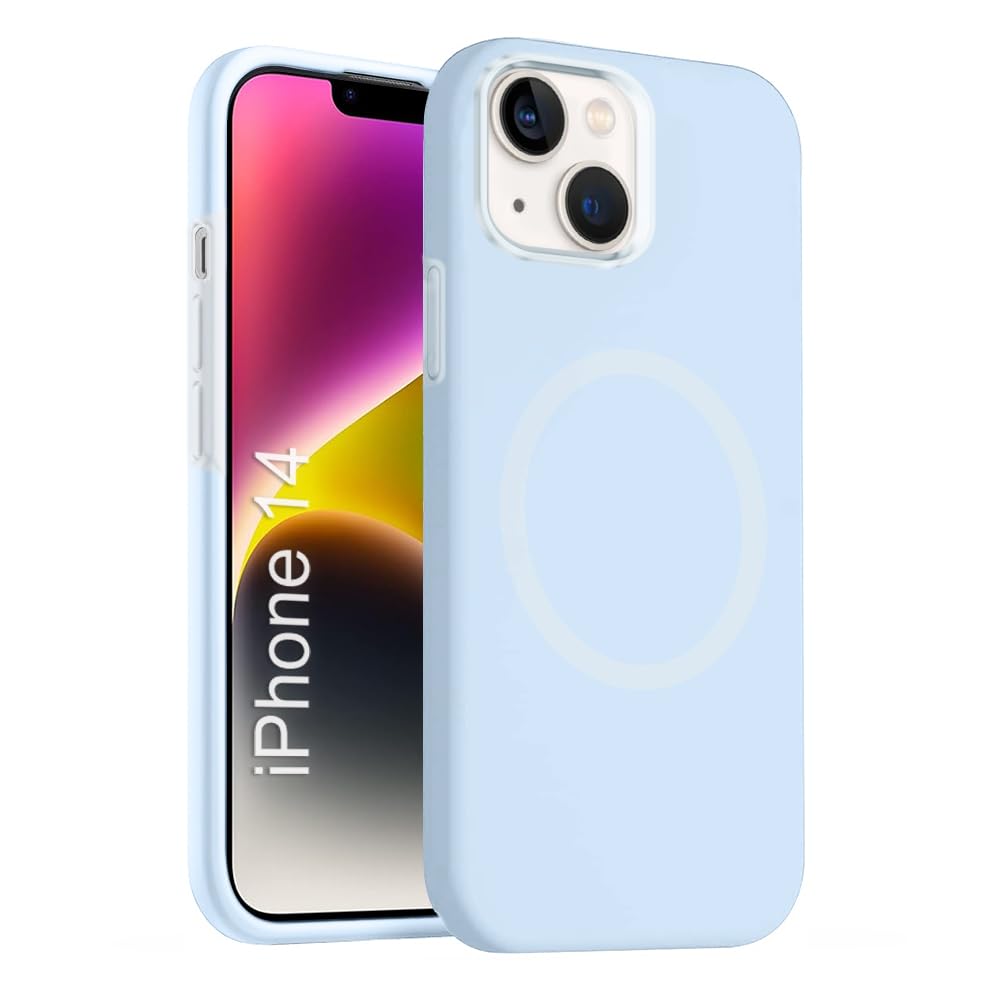 iPhone 14 Silicone Magsafe Case | Shock Proof Design & Camera Protection | Premium Rubberised Apple iPhone 14 Cover (Microfiber Lining) | Ultra Smooth Silicone – Sky Blue