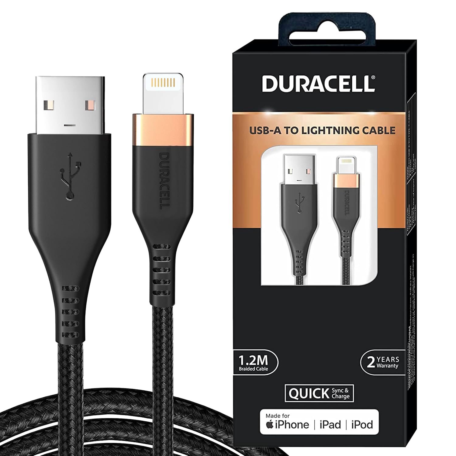 Duracell USB Lightning Apple Certified (Mfi) Braided Sync & Charge Cable For Iphone, Ipad And Ipod. Fast Charging Lightning Cable, 3.9 Feet (1.2M) – Black