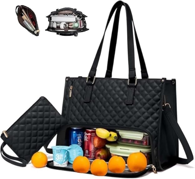 Elegant Work Bag with Insulated Lunch Compartment Laptop Tote Bag Stylish Quilted Shoulder Office Bag for Women with Separate Lunch Box Storage Section