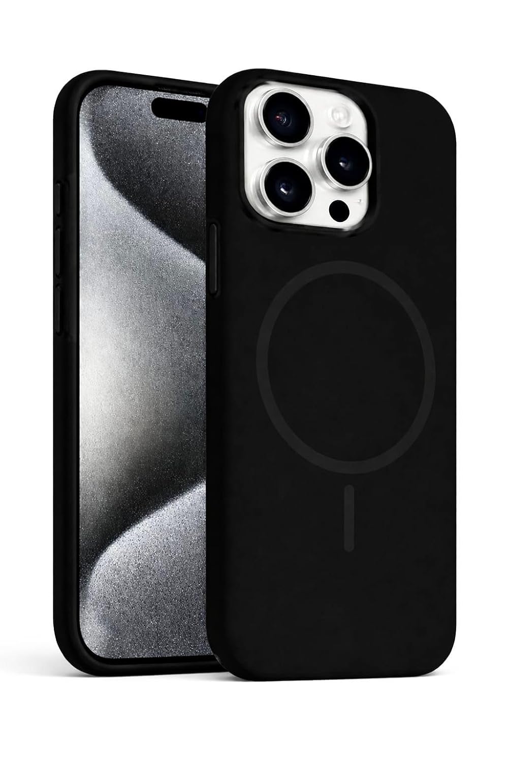 Silicone Back Cover for iPhone 15 Pro with Magnetic Charging Support, Full Camera Protection, Soft Touch Slim Shockproof Protective Case (Black)