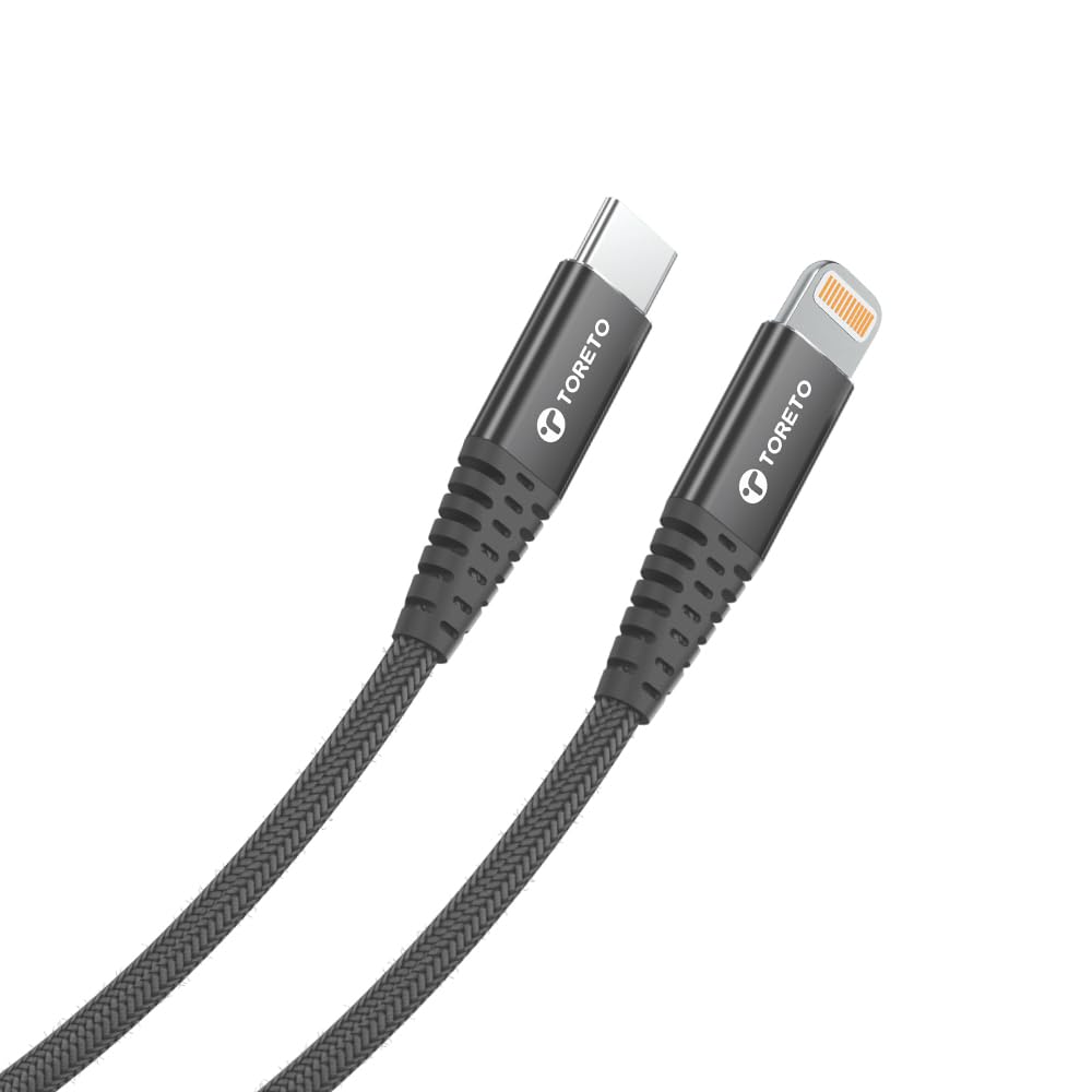 Toreto Arc CROSS 27W PD Fast Charging Cable | Type-C to iPhone (USB-C to Lightning) | 1 Meter Nylon Braided, Metal Connectors, 30,000+ Bend Life | Quick Charge Cable for iPhone & iPad (Black)