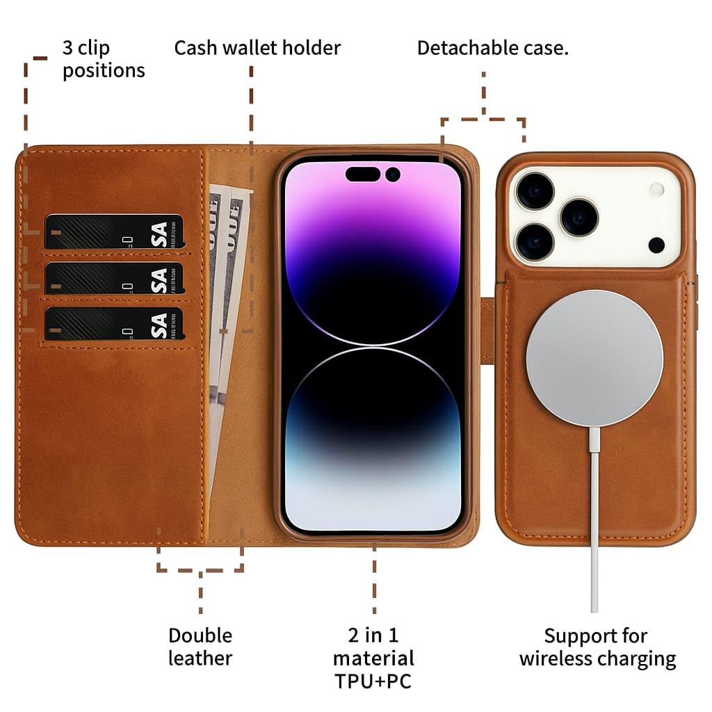 WHITBULL Royal Leather Detachable 2 in 1 Flip case Cover for iPhone 17 Pro (Brown) WHITBULL Royal Leather Detachable 2 in 1 Flip case Cover for iPhone 17 Pro (Brown)