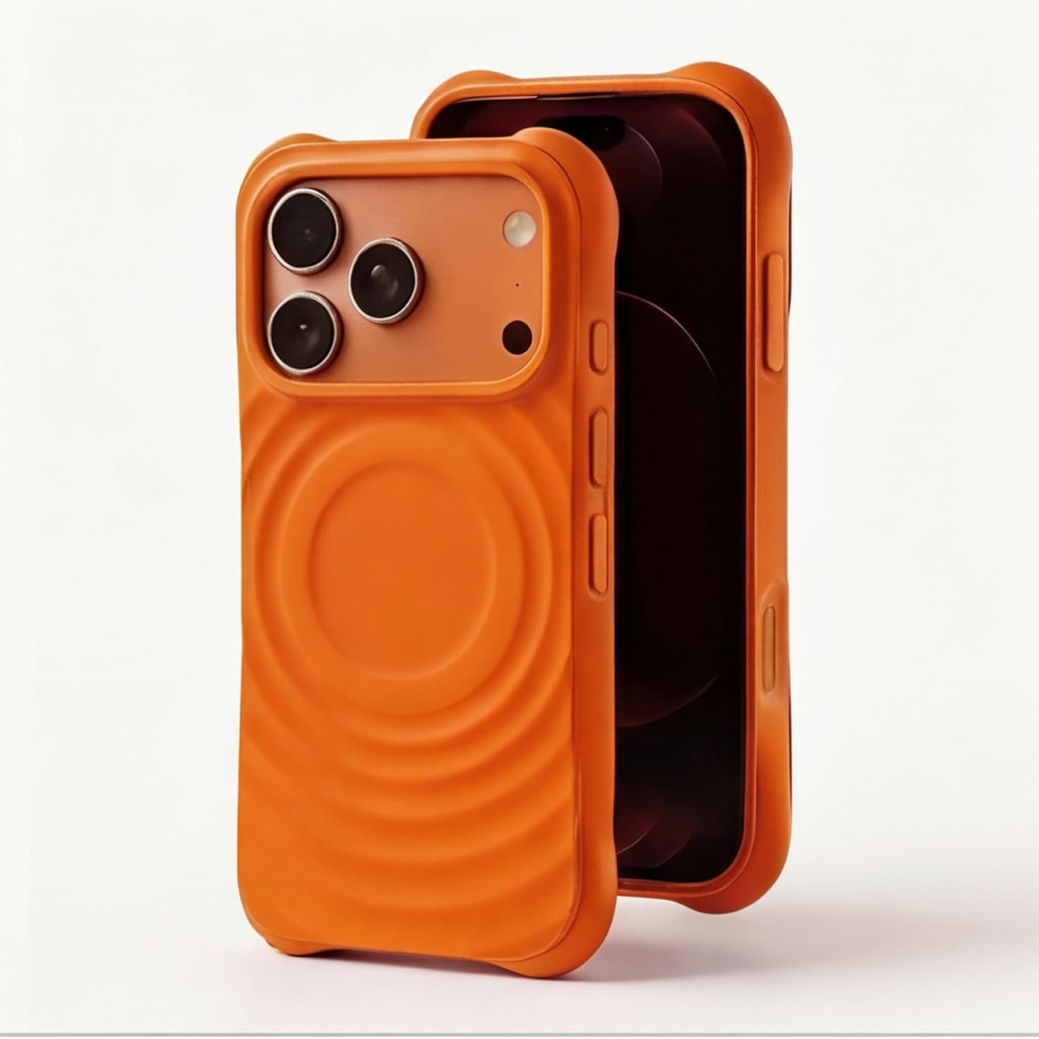amazon basics Shockproof Case for iPhone 17 Pro | Ripple Pattern | Camera Protection | Inner Velvet Fabric Lining | Protective Cover with Enhanced Grip & Wireless Charging Support – Orange