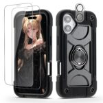 for iPhone 16 Plus 6.7 inch Case – Heavy Duty Shock Resistant Military Grade Rugged Case with Ring Stand, Glass Screen Protector and Camera Lens Protector Black