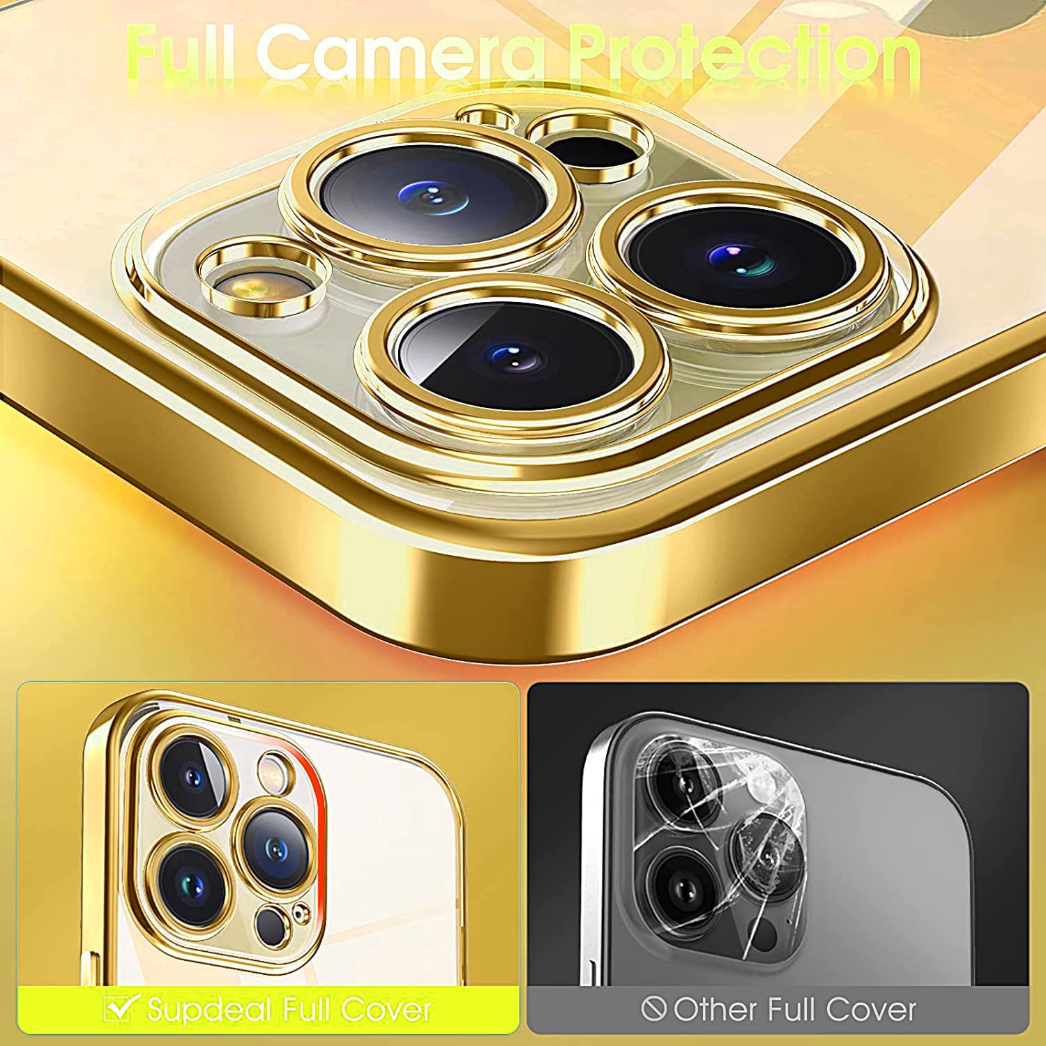 VONZEE TPU Transparent Case Compatible With Iphone 13 Pro (6.1 Inch), Luxury Electroplated Soft Edge Bumper Case, Full Camera Protection & Shockproof Case Cover (Gold)